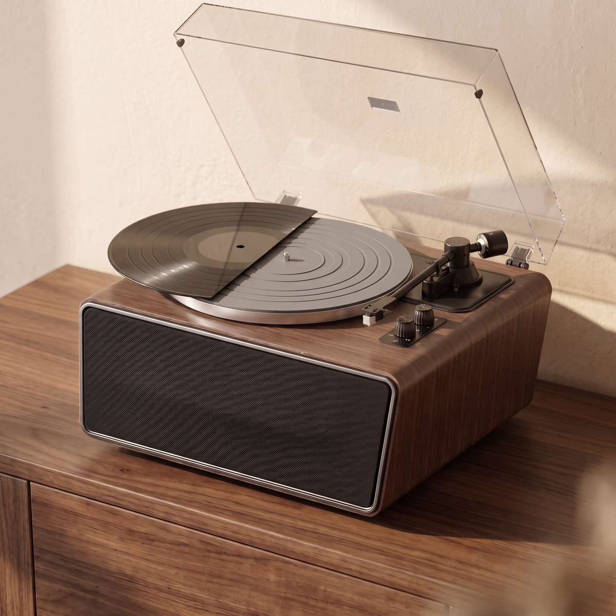 Grey silicone mat on a walnut turntable