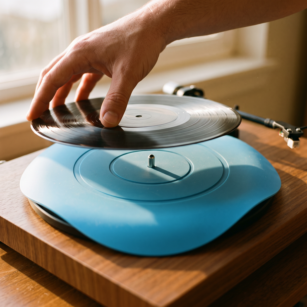 Placing a record on a blue silicone mat