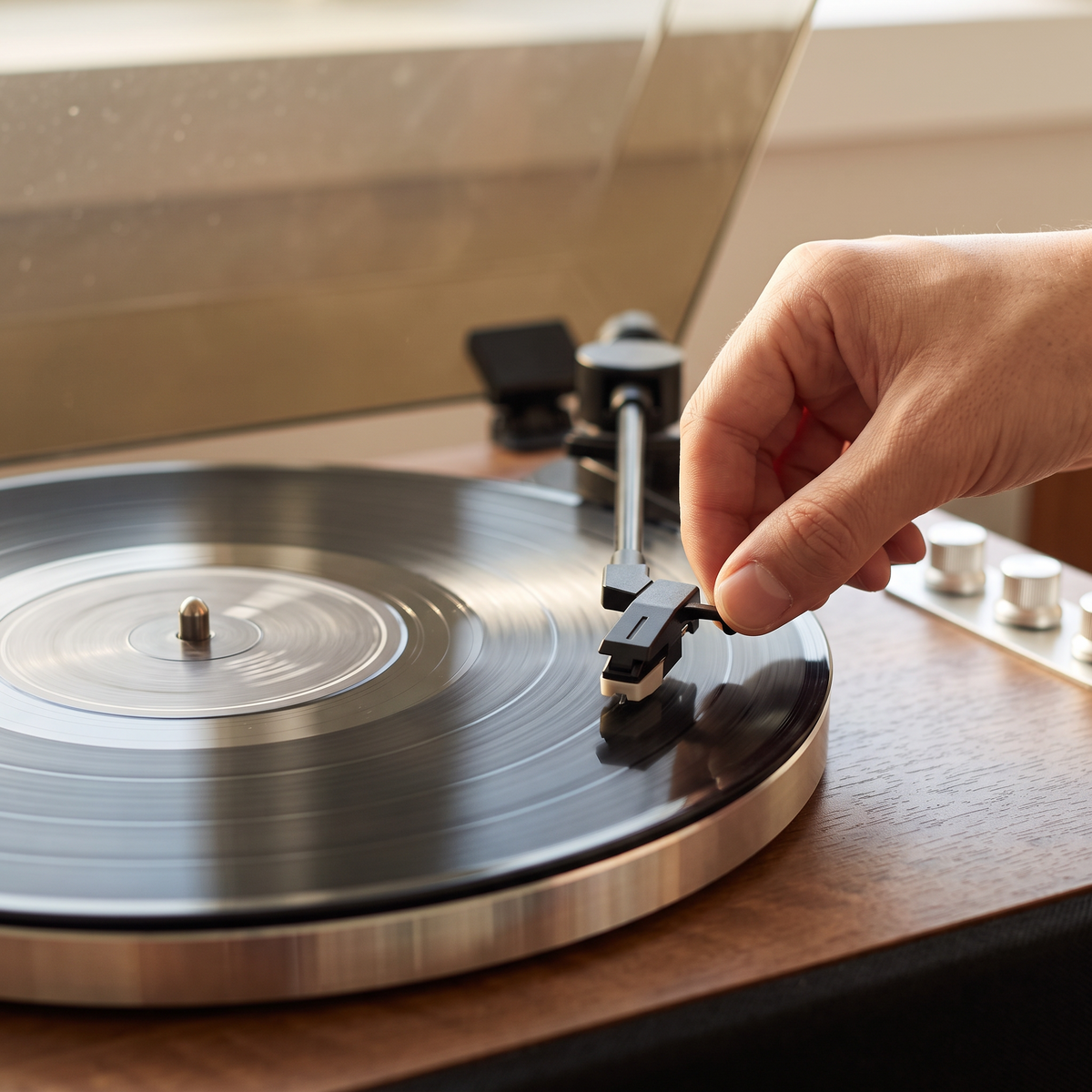 Lowering the tonearm on the Heirloom Signature