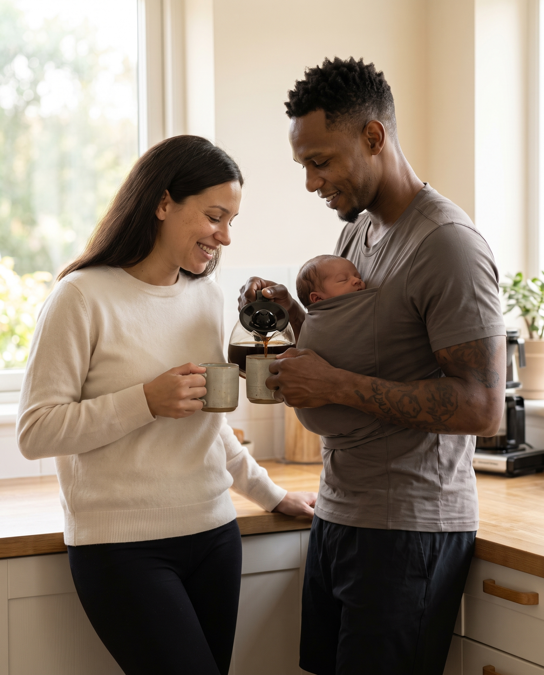 Un père verse un café à deux mains, son nouveau-né endormi dans la poche de son t-shirt porte-bébé Hugaya, la mère à côté de lui une tasse à la main Image