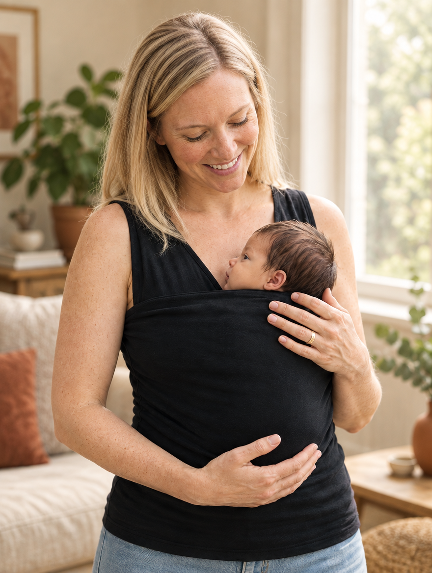 Mère dans son salon, son nouveau-né contre elle dans la poche du top porte-bébé noir