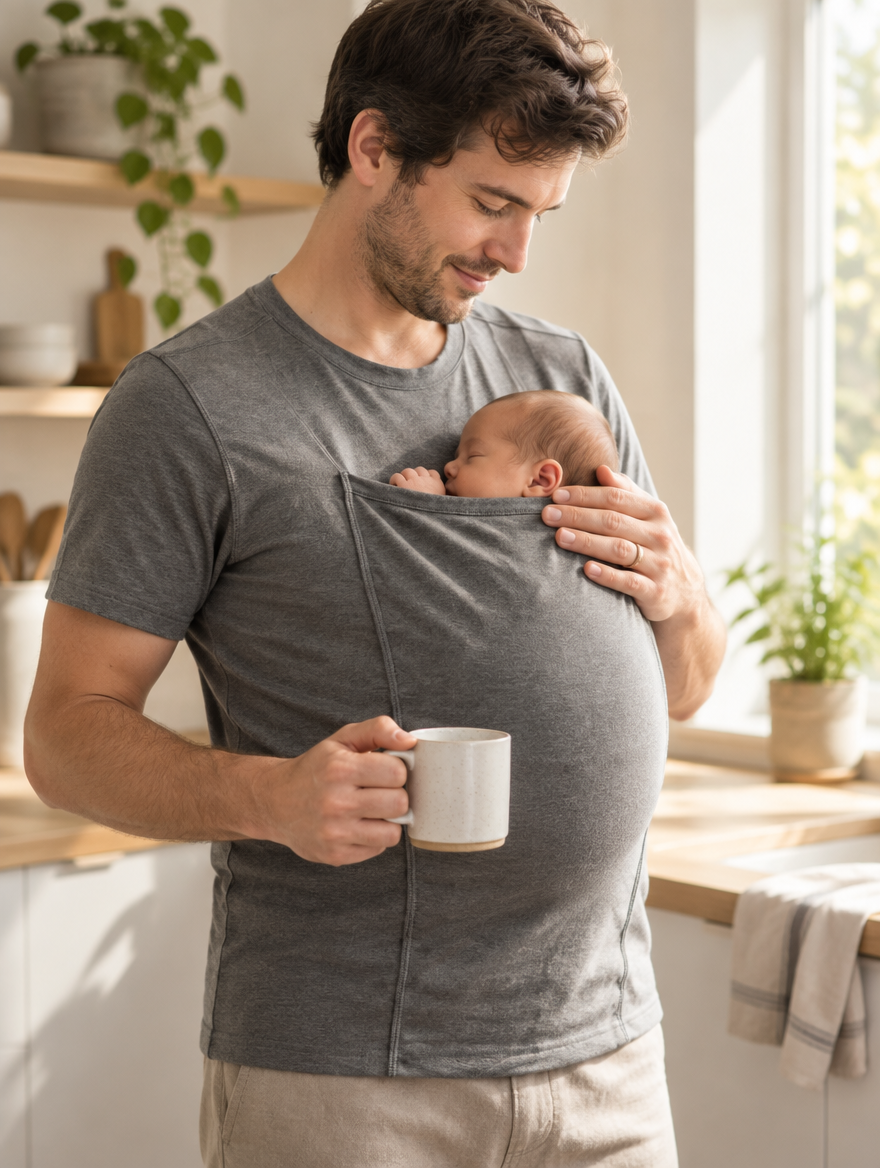 Père dans sa cuisine, son nouveau-né endormi dans la poche du t-shirt porte-bébé gris, une tasse à la main