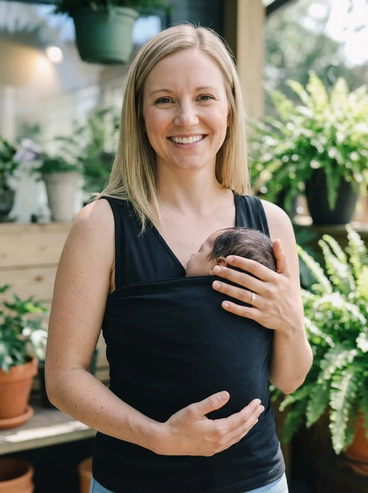 Débardeur porte-bébé Hugaya porté par une mère, bébé installé contre elle, coloris noir