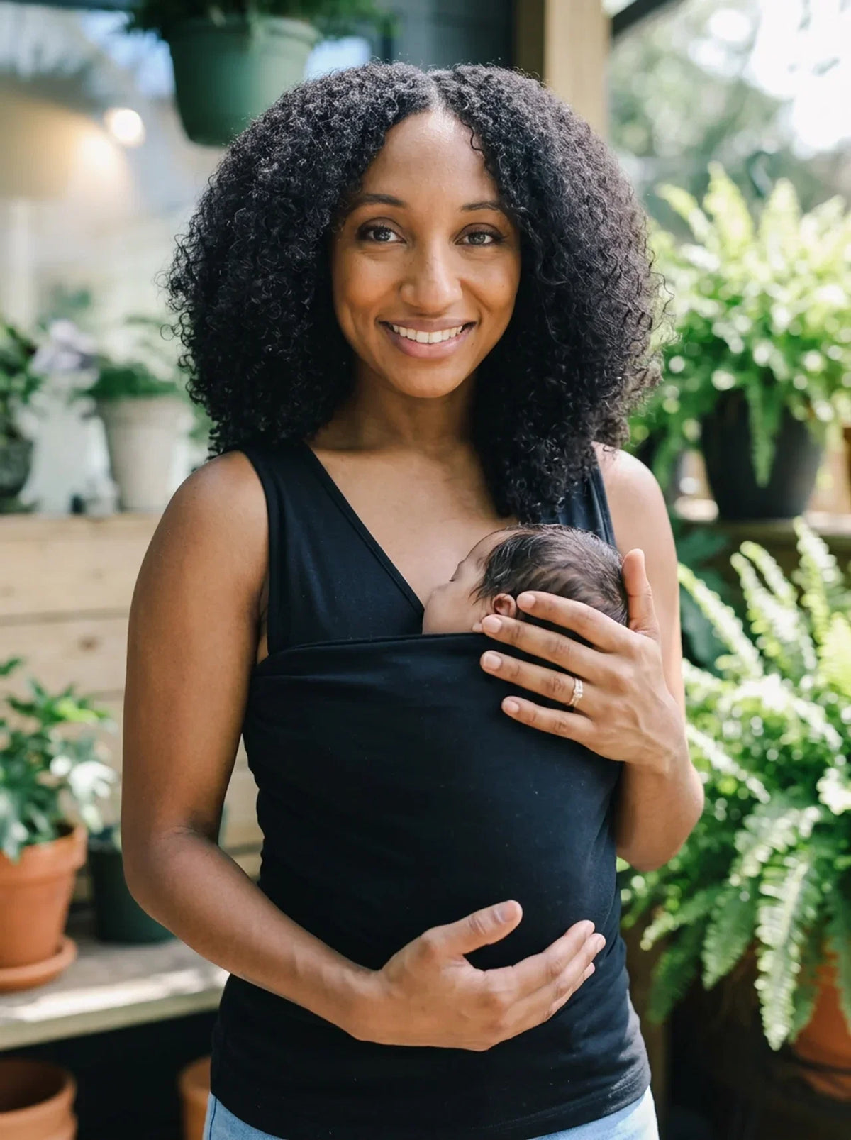 Débardeur porte-bébé Hugaya porté par une mère, bébé installé contre elle, coloris noir