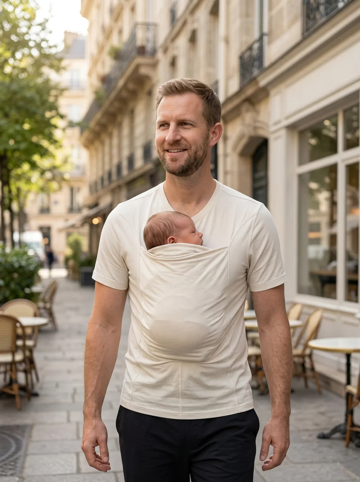 T-shirt porte-bébé Hugaya porté par un père, bébé installé contre lui, coloris blanc