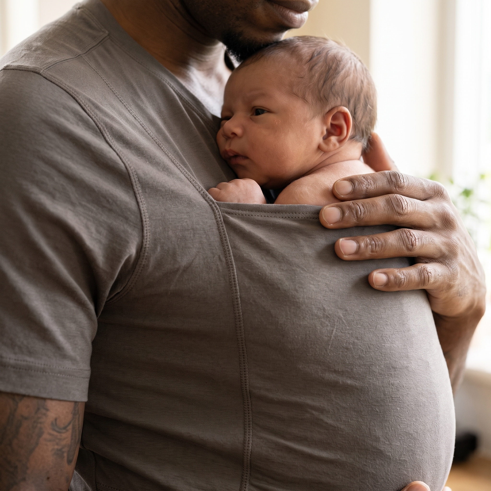 Gros plan sur la poche intégrée du t-shirt porte-bébé gris : le nouveau-né est porté haut sur le buste, le visage dégagé et tourné sur le côté Image